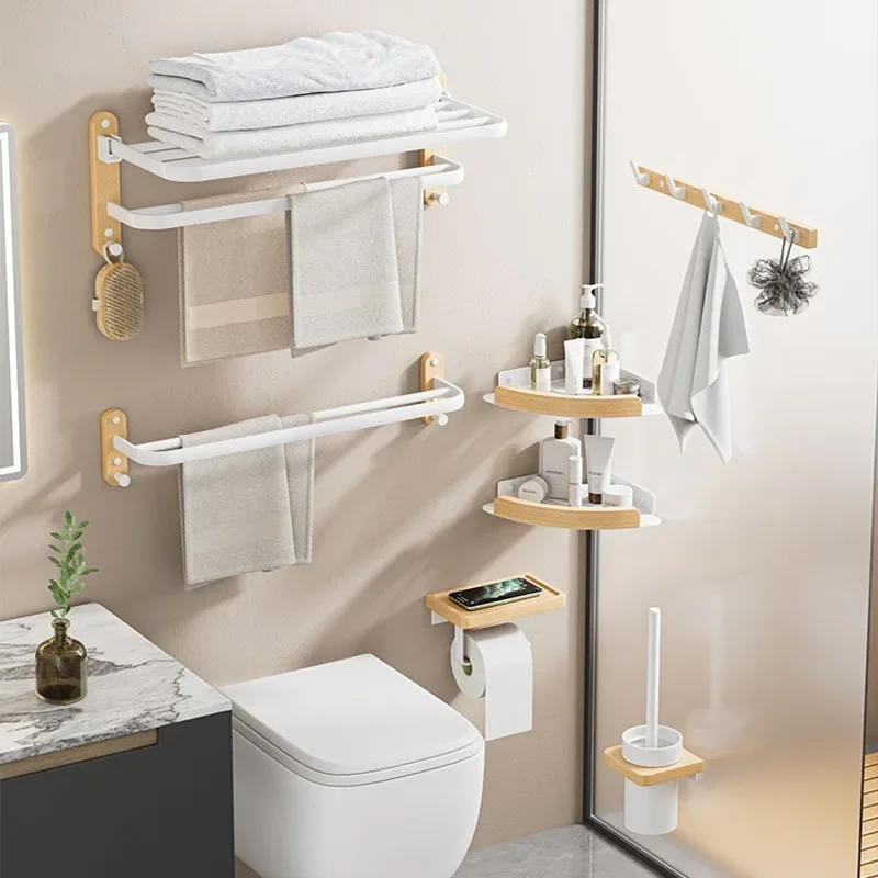 Wood Bath Towel Holder Walnut Towel Rack No Punch Bathroom Shelf Toilet Bathroom Wall Mounted Washroom Storage Bath Towel Holder