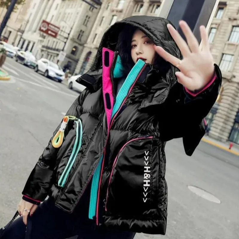 2023 New Women Down Jacket Winter Coat Female Short Glossy Parkas Loose Thick Warm Outwear Hooded Commuting Versatile Overcoat
