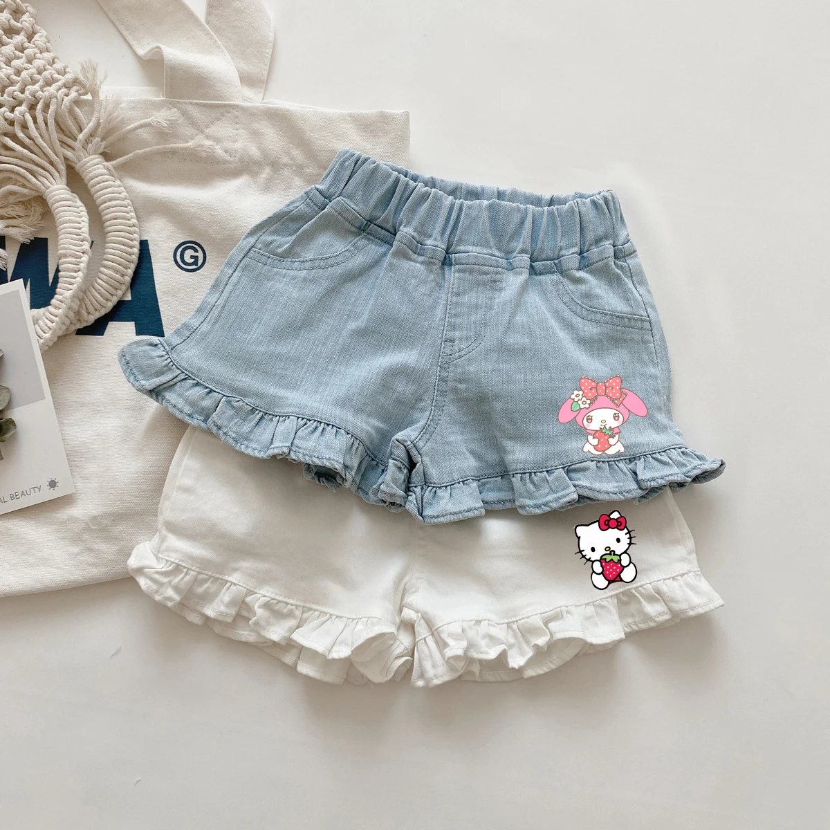 

Kawaii Sanrio Kids Pants Anime Hello Kitty My Melody Children Denim Shorts Summer Ruffled Y2K Girls Hot Pants Birthday Present