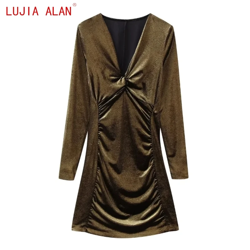

Новое Женское бархатное мини-платье с узелком, женское повседневное Плиссированное облегающее платье с длинным рукавом, LUJIA ALAN WD3833