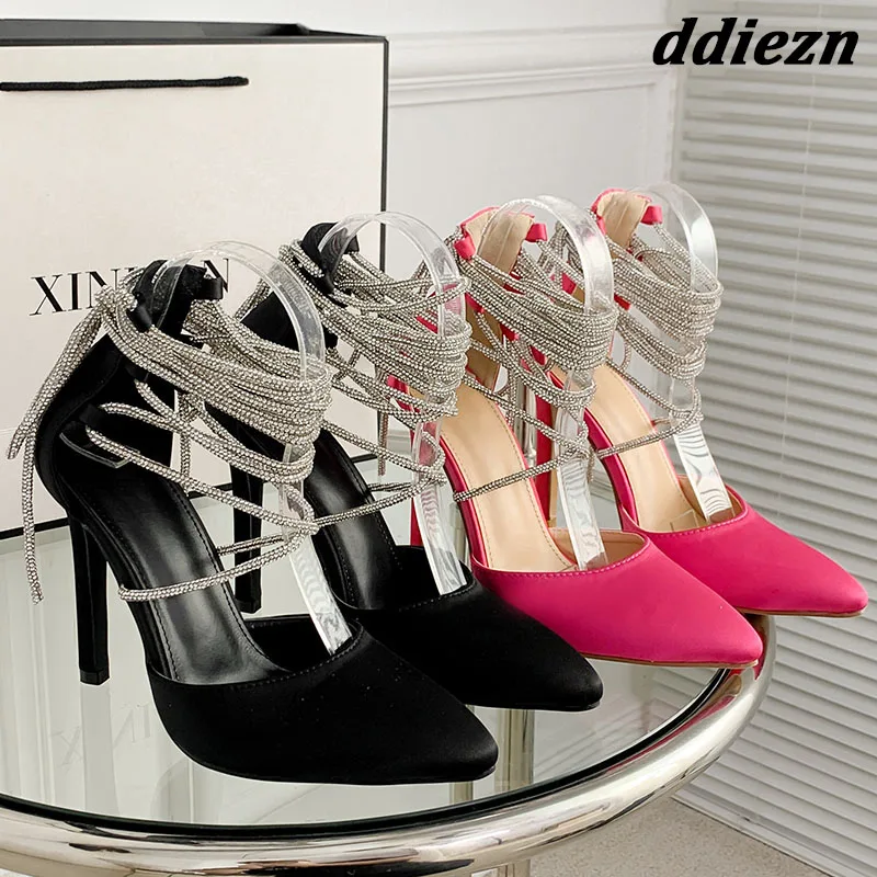 

New 2023 Fashion Party Bling Ladies High Heels Sandals Rhinestones Cross-tied Women Pumps Shoes Casual Pointed Toe Female Sandal