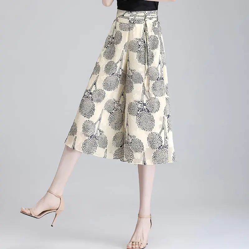 Summer Women Geometric Chiffon Wide Leg Skirt Pants Korean Fashion Capris Oversized Casual Elastic High Waist Ice Silk Trousers