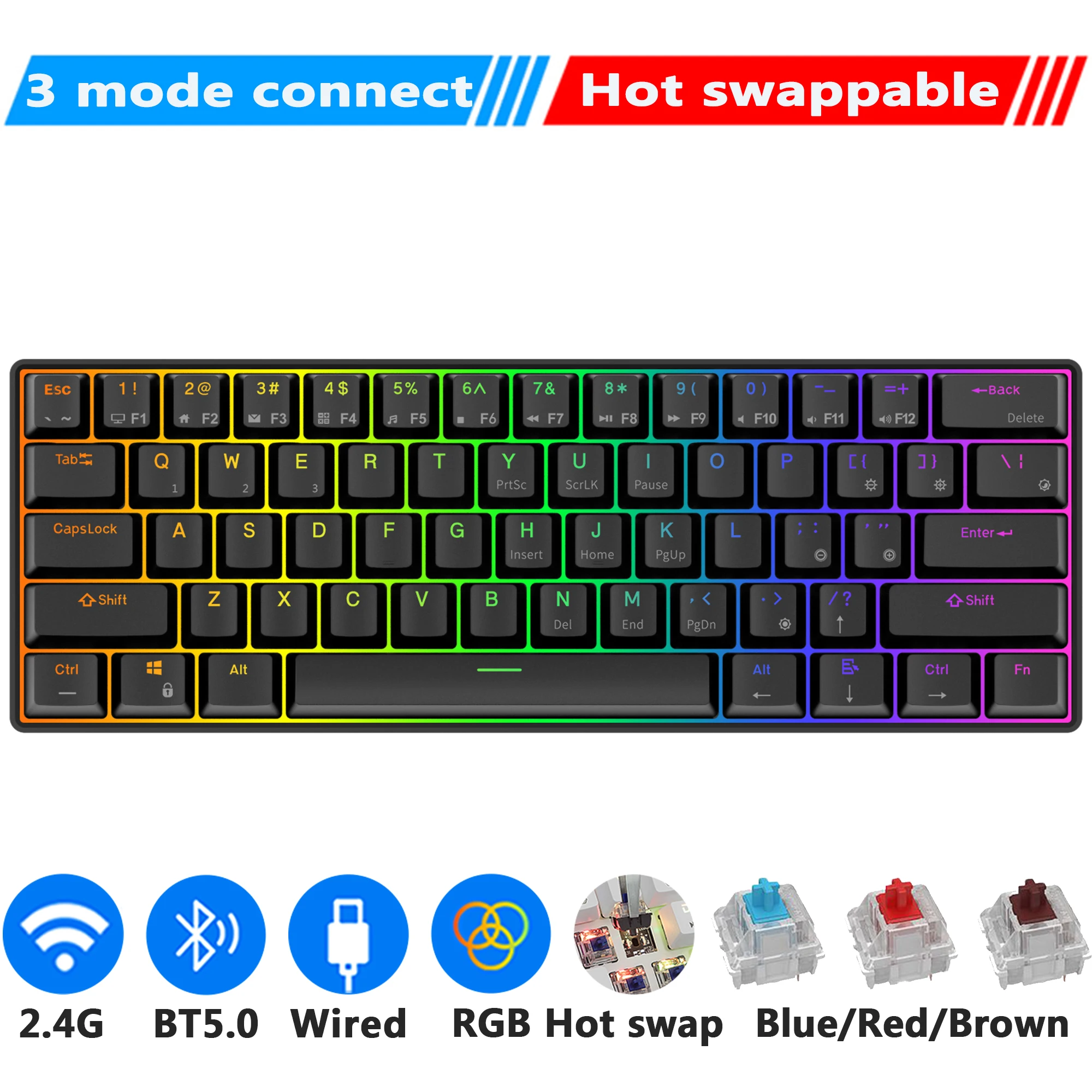 keyboards computer RK61 Royal Kludge Wireless Mechanical Keyboard Tri-Mode Bluetooth 5.0/2.4G/USB-C RGB Backlit 61 Key Hot-Swappable Gamer Keyboard pink computer keyboard Keyboards