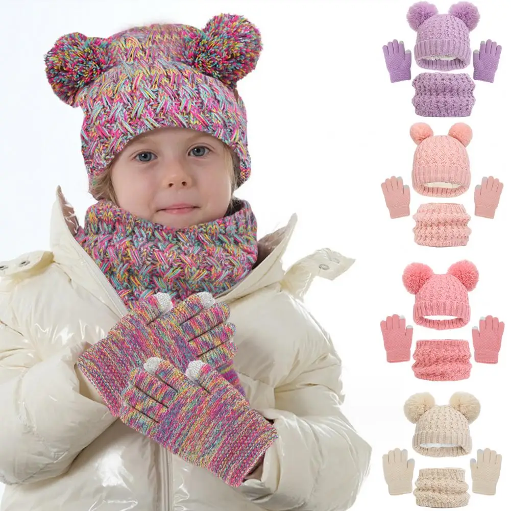 

Warm Fleece Lined Hat Cozy Kids Winter Hat Gloves Scarf Set Knitted Thick Solid Color Elastic Soft Warm Dome Plush for Children