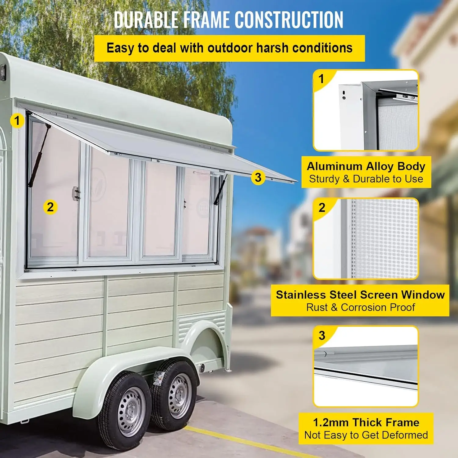 Concession Window 60 x 36 inch, Aluminum Alloy Food Truck Service Window with 4 Horizontal Sliding Screen Windows & Awning