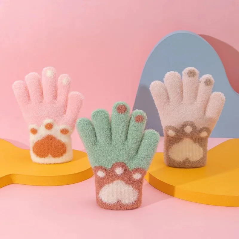 Cute Furry Kitten Glove for Kids Boy Girl Fashion Cartoon Cat Paw Children Glove Autumn Winter Thicken Plush 1 Pair