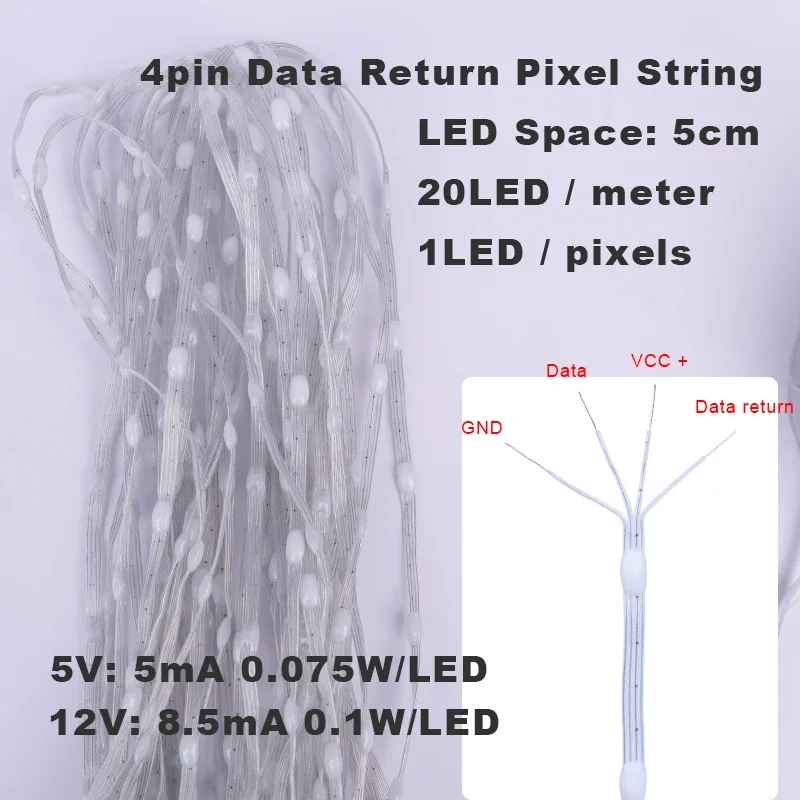 thumbnail image 1 of Cadena de luces LED de píxeles con direccionamiento individual, 12 V, 4 pines, retorno de datos, WS2811 WS2812B, RGB, a todo color, para cortina de luz DIY, 1 of 5