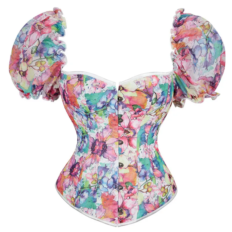 

Sexy Women Corset Ruffle Puff Short Sleeve Overbust Bustier Top Colorful Flower Lace-Up Tied Back Corsets Boned Waist Cincher