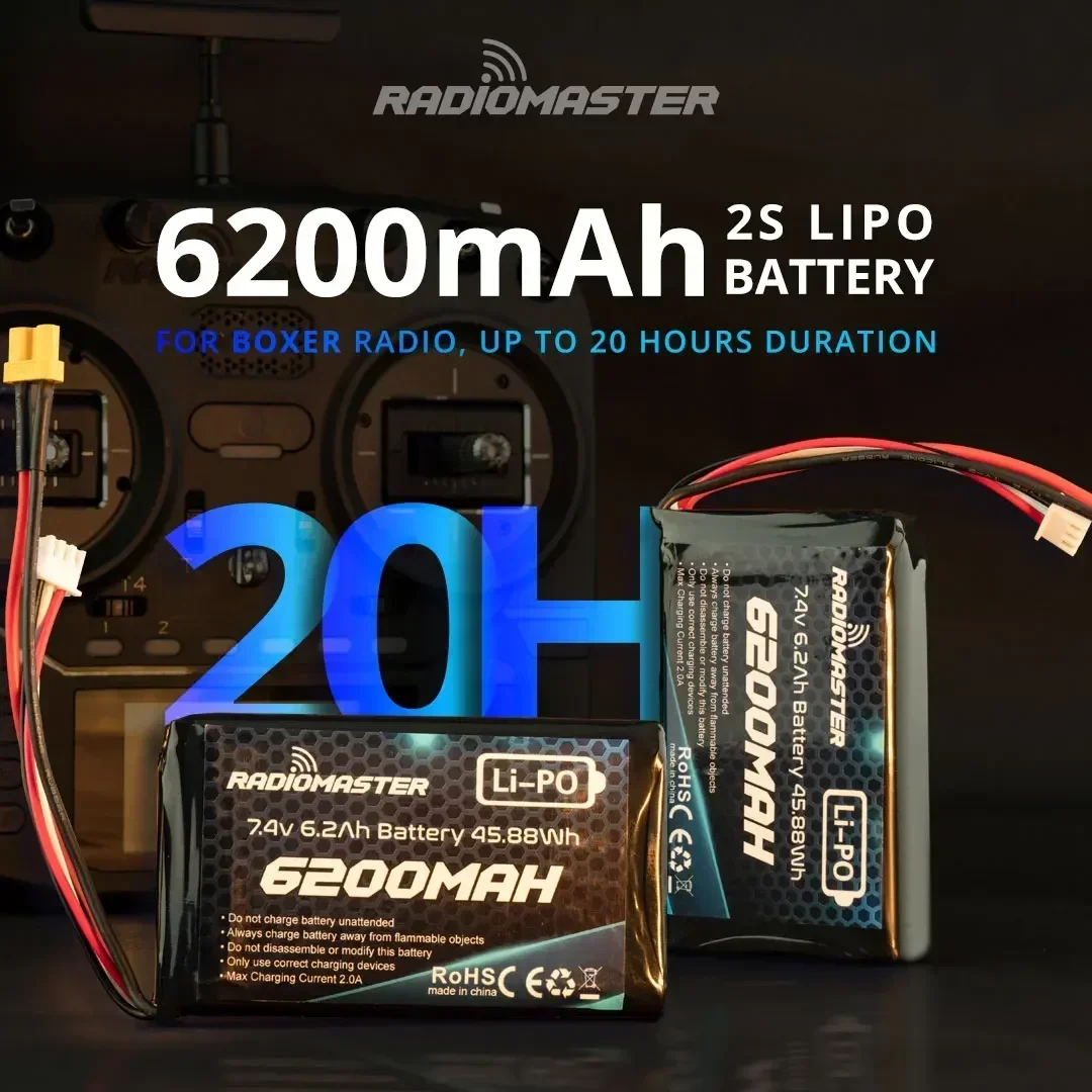Vue de dessus de la batterie LiPo RadioMaster 6200mAh 2S, étiquette visible