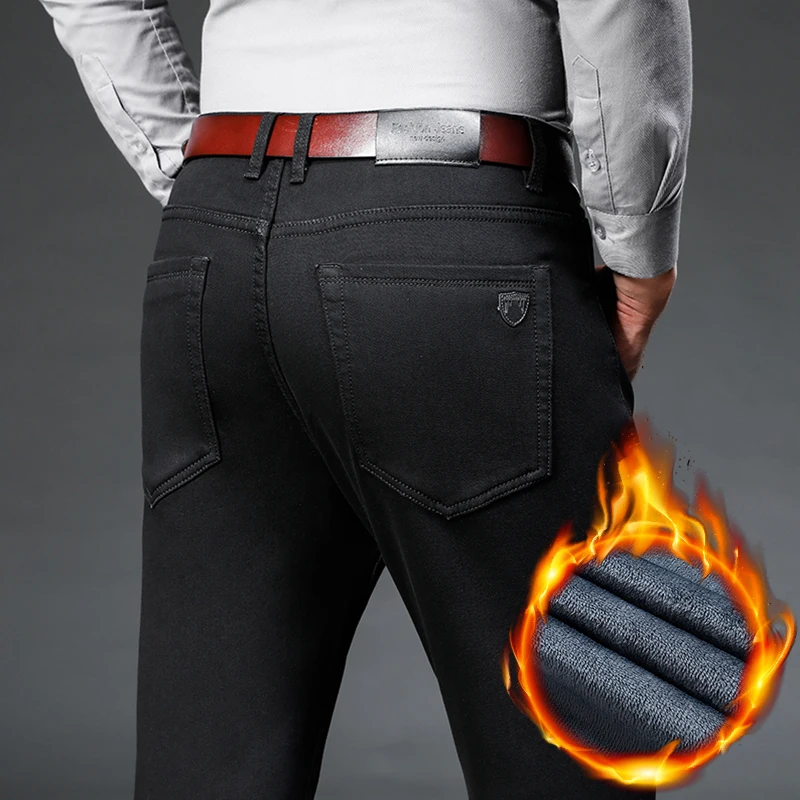 

Black Fleece Jeans for Men's Winter New Thickened Warm Plush Baggy Straight Business Stretch Male Denim Trousers