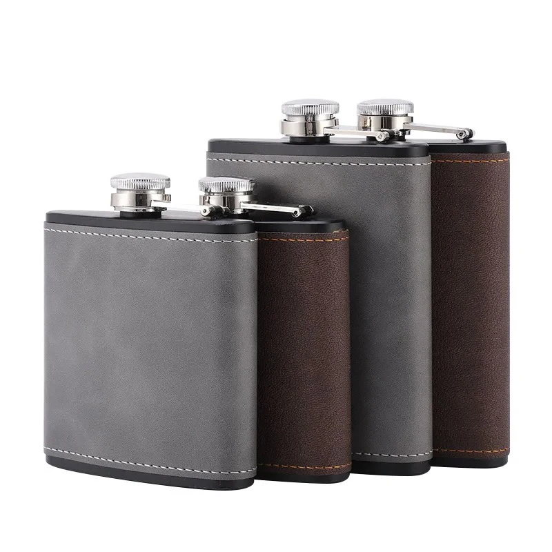 휴대용 스테인리스 스틸 힙 플라스크, 결혼식 파티 선물용, 회색 다크 브라운 가죽 커버, 누출 방지 플라스크, 6 oz, 8oz 