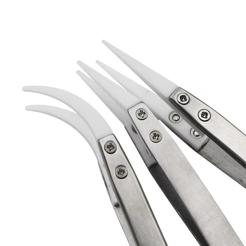 Anti-Static Ceramic Tweezers Stainless Steel Industrial Ceramic Tweezers Insulated Straight/Curved Tip Black-Whit