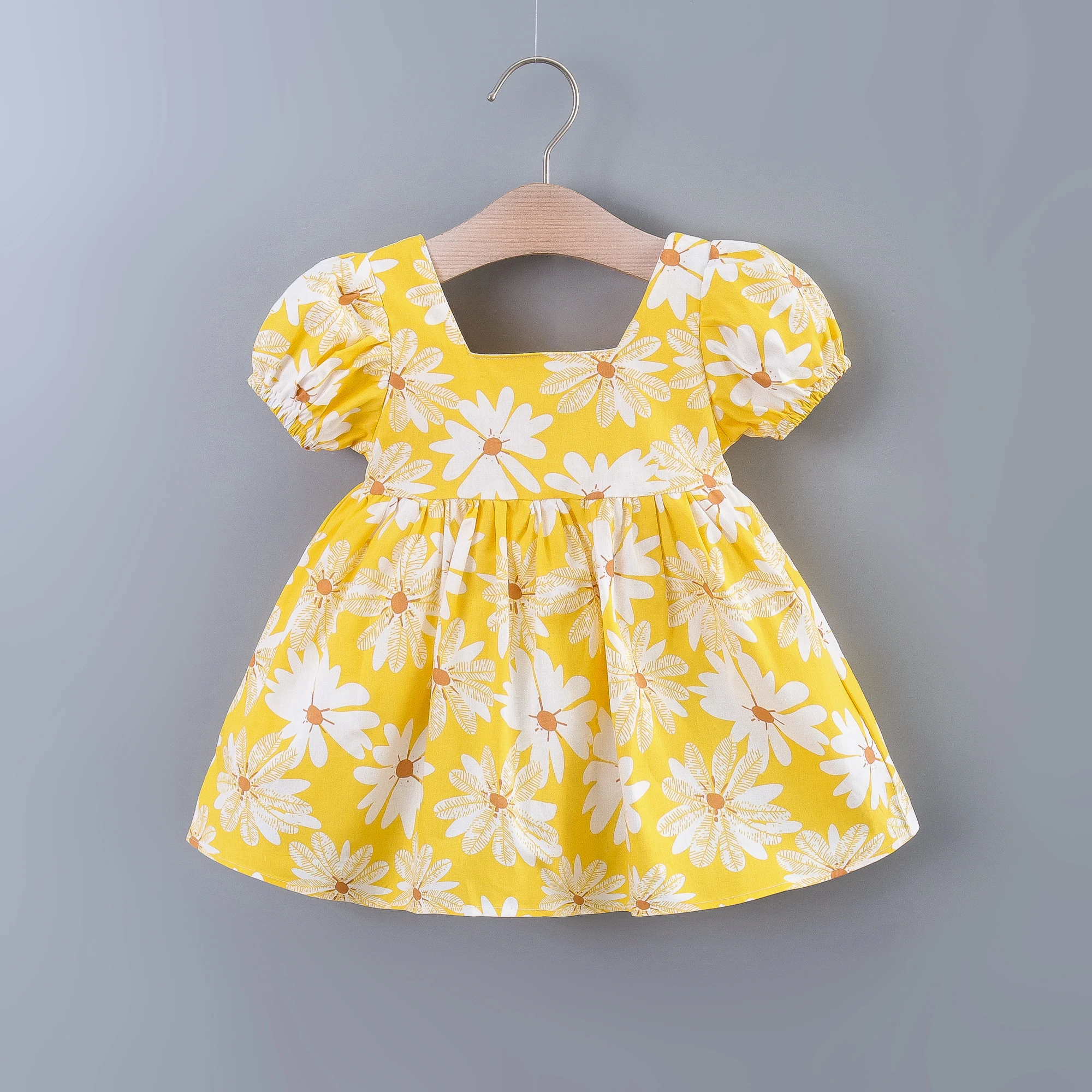 Baby Girls Casual Floral Graphic Print Puff Sleeve Bowknot Back Dress Clothes For Summer