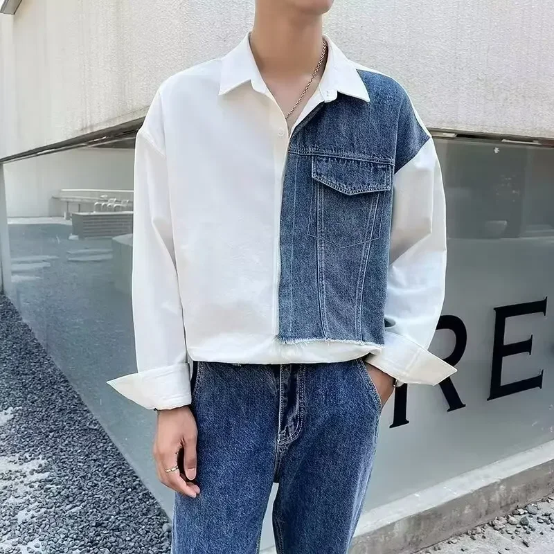 Spring Autumn New Men's Long Sleeve Casual Loose-fit Niche Design Sensibility Color Blocking Denim Shirt Trendy