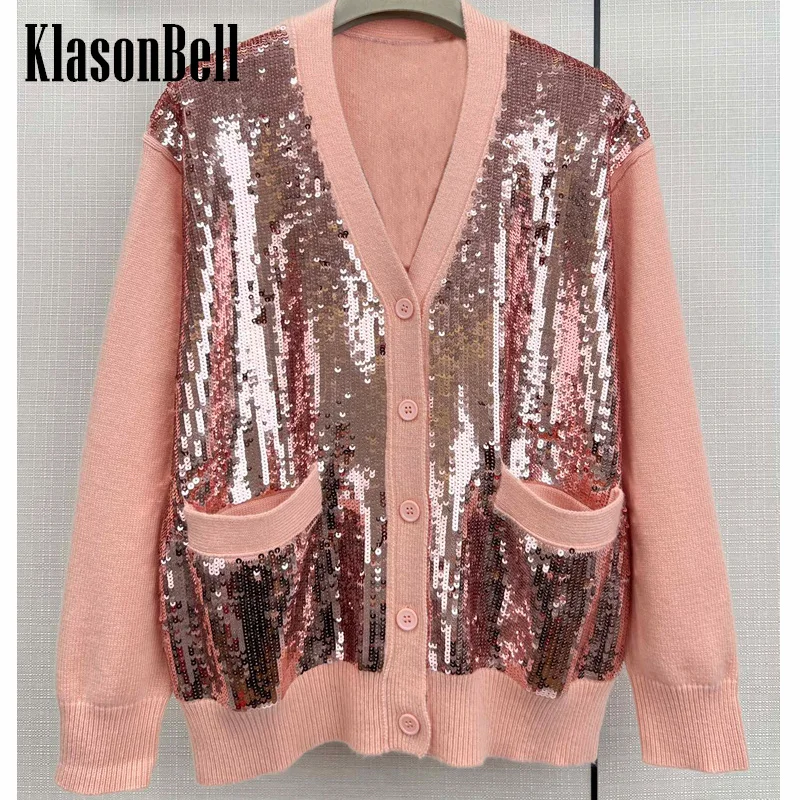 

1.5 KlasonBell Luxury Party Bling Sequins Embroidery Art V-Neck Loose Wool Cashmere Knit Cardigan Coat Women Clothes 2024 New