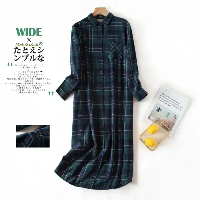 Women Nightdress Long Sleeve Sleeping Shirt Plaid Multi Colors Plus Size Cardigan
