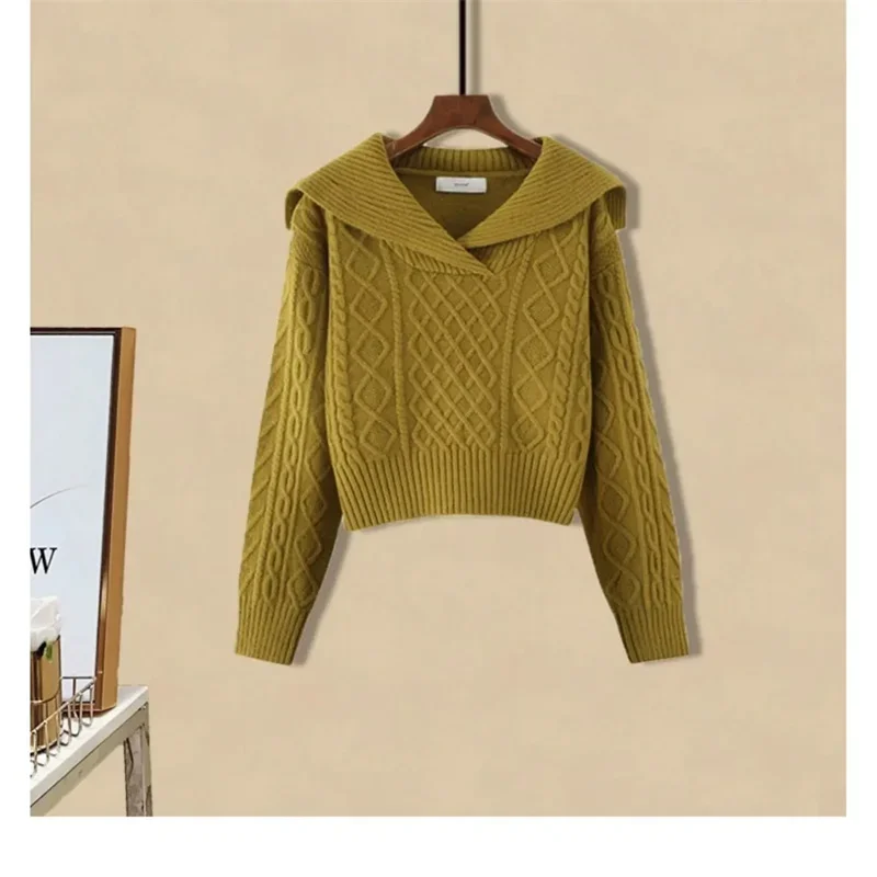 Female Fall Wear Set Women Fashion Navy Neck Twisted Knitted Sweater pullover+ High Waist  A-line Skirt Two Piece Set Fashion
