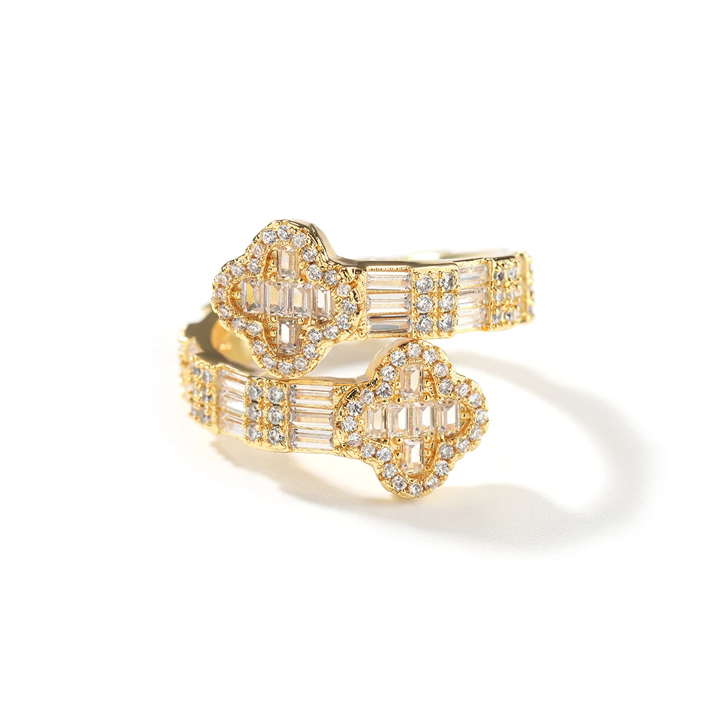 THE BLING KING-Anéis de trevo de quatro folhas para homens e mulheres, anel de zircônia cúbica gelado, joias de luxo Hip-Hop, presente