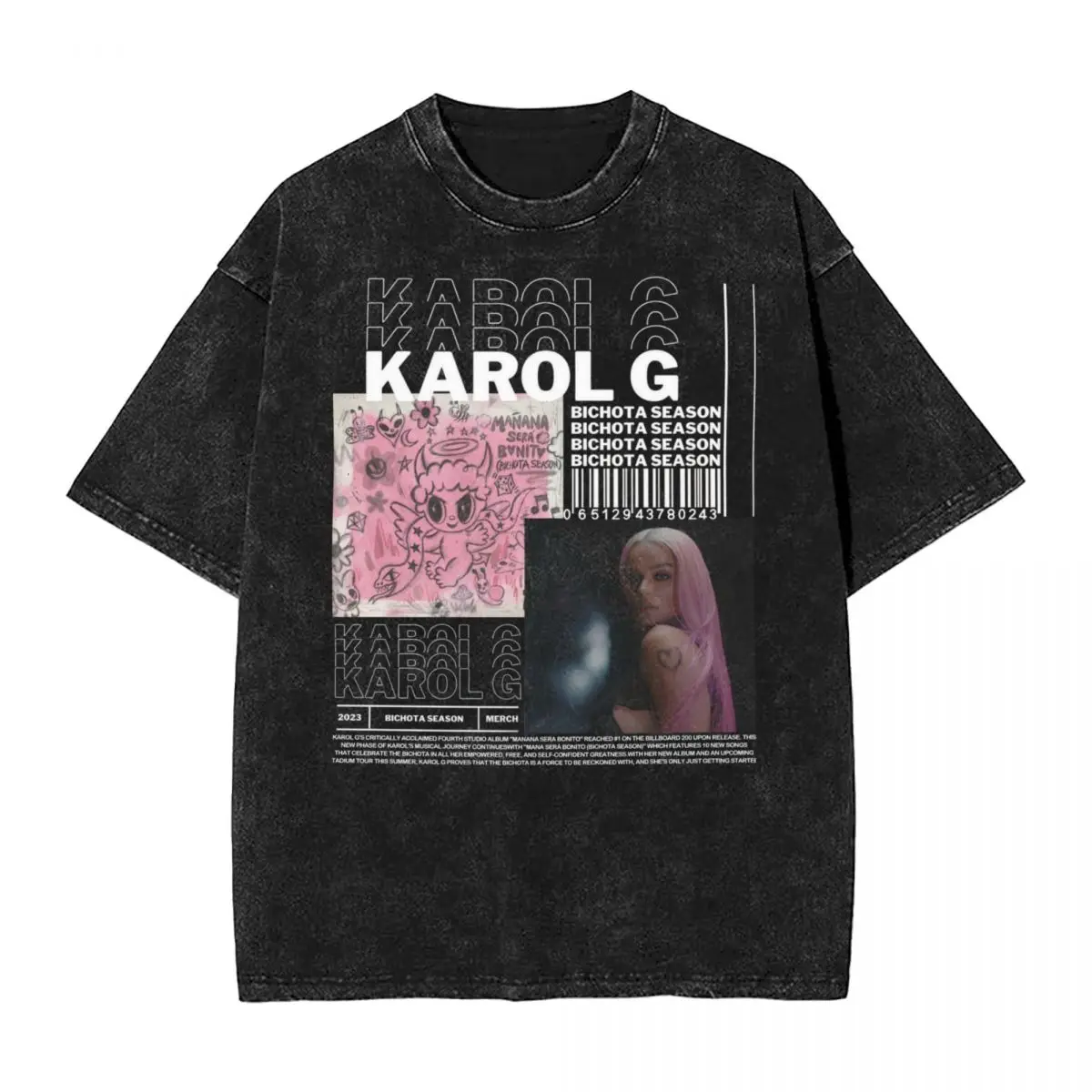 

Винтажная Футболка Karol G в стиле хип-хоп для мужчин и женщин, промытый топ в стиле оверсайз из 100% хлопка с принтом, уличная одежда