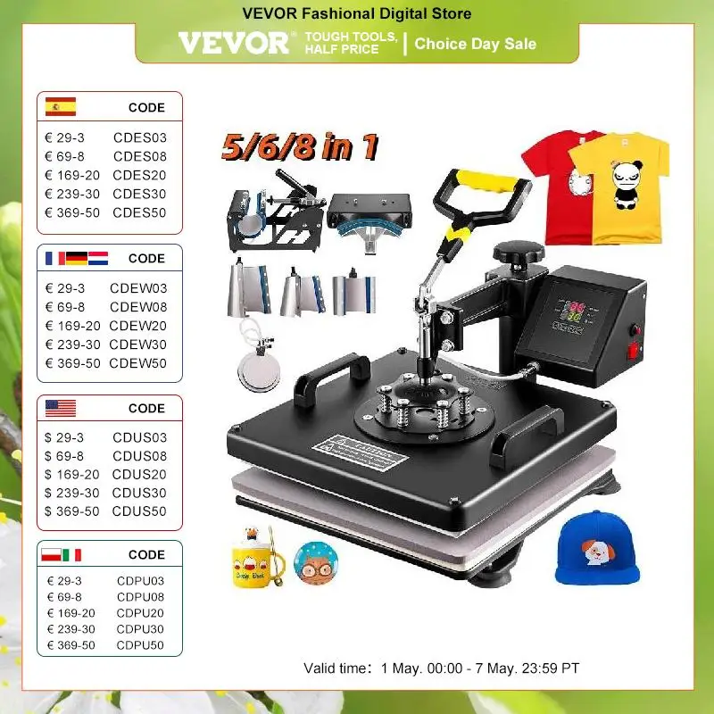 VEVOR Combo Heat Press Machine 5/6/8 in 1 30*38CM 38*38CM Muntifunctional Sublimation Printer Transfer for Mug Hat Plate T-Shirt