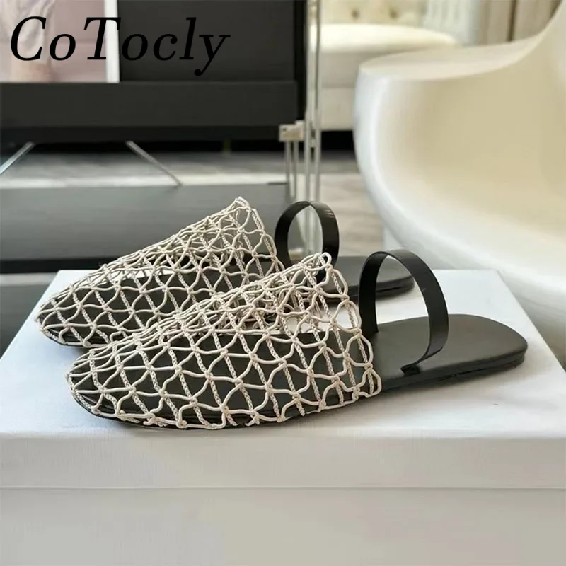 

Summer New Flat Slippers Women Braided Mesh Hollow Outs Mules Female Fashion Round Toe Slides Comfort Casual Half Slippers Woman