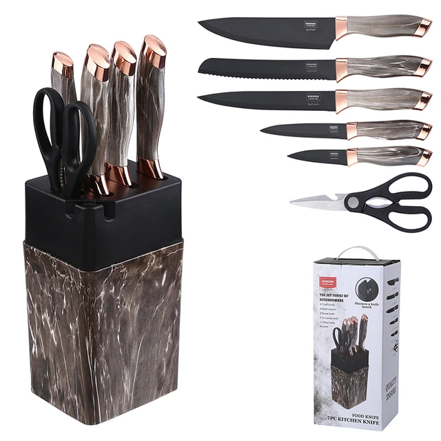 7pcs Kitchen Knife Sets Stainless Steel Chef Knife Bread Knife Marble  Textured Handle Sets Tool Holder with Grinding Stone