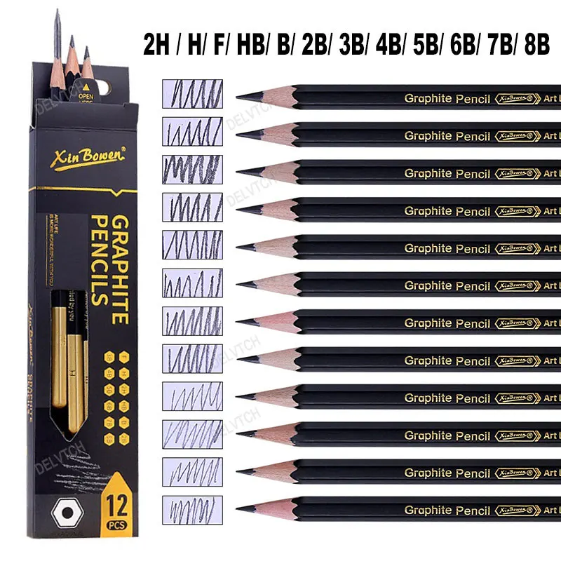 

12Pcs Set 2H-8B Art Sketch Drawing Pencil 2H H F HB B 2B 3B 4B 5B 6B 7B 8B Hard Medium Soft Graphite Stationery Hex Wood Handle