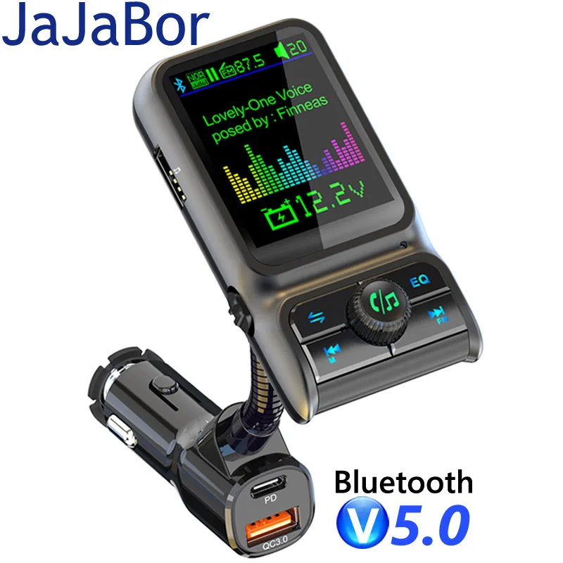 JaJaBor Car FM Transmitter MP3 Player 3.5mm AUX Audio Receiver Usb QC3.0 Type C PD 20W Car Charger Handsfree Bluetooth Car Kit