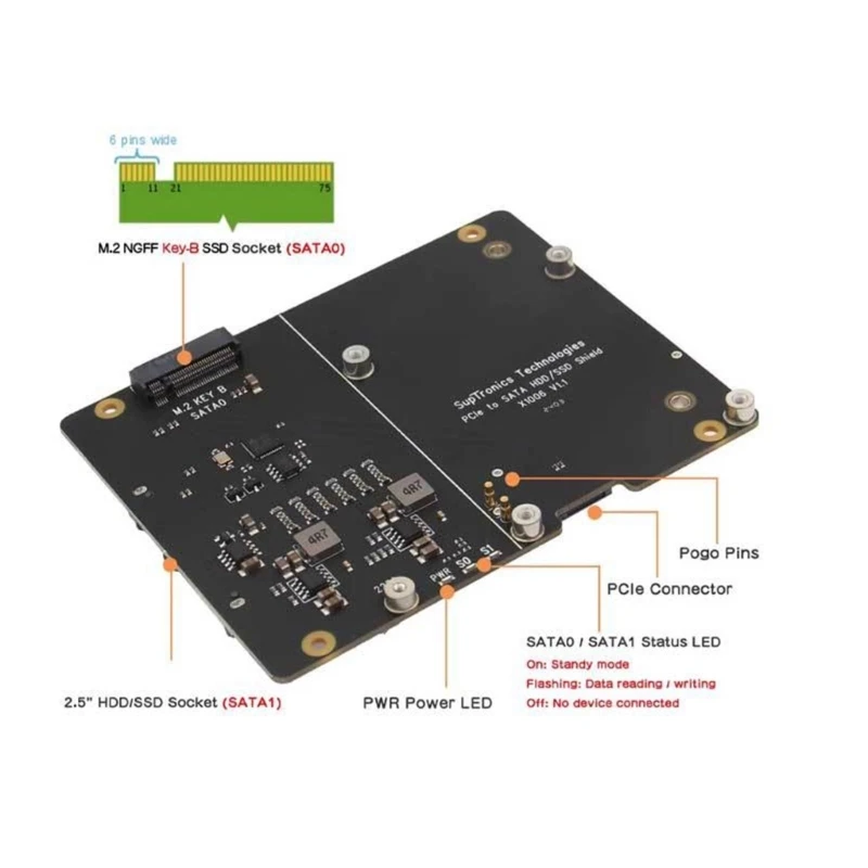 X1006 PCIe to 2.5 HDD/SSD Expansion Board with Double Storage Support For RPI 5 Compatible Adapter Board