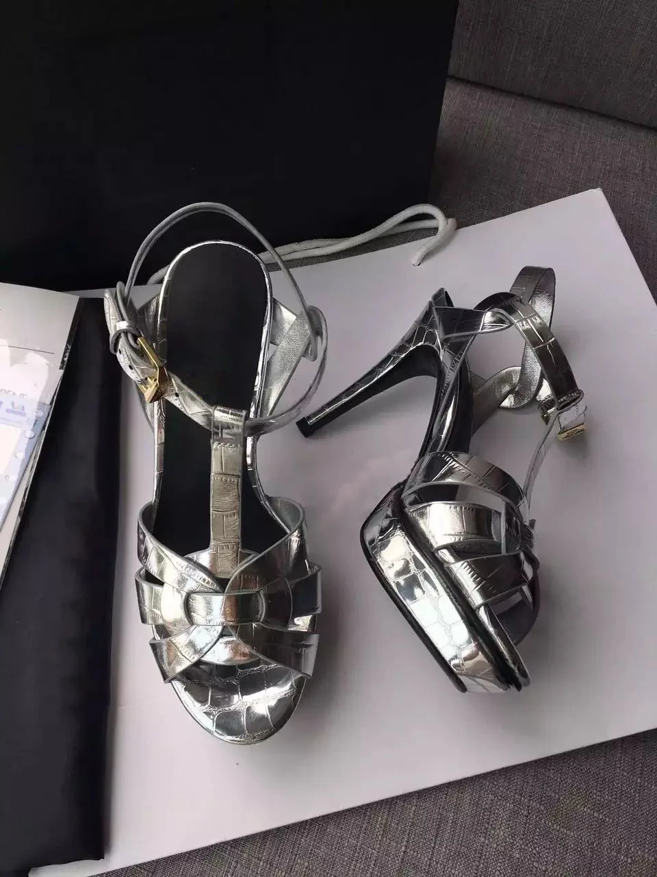 

Women Stiletto High Heel Slingback Sandals 2022 Ankle Buckle Silver Leather Evening Shoes Fashion