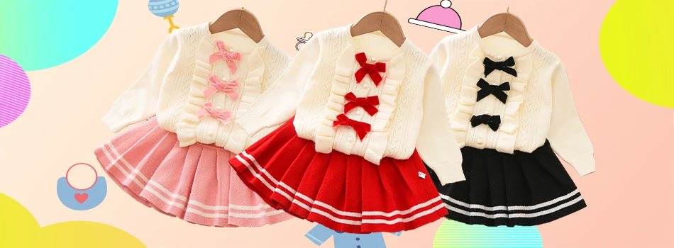 baby clothing set line Baby Girl Clothes Knitted Sweater Set Fall/Winter Girl Sweater College Style Girls Knitwear + Mesh Short Skirt 2-piece Set baby outfit matching set