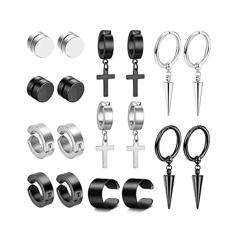 2-12 Pair Punk Men's Fashion Cross Magnet Stainless Steel Ear Studs and Earrings Set stud earrings ear accessories magnetic earrings