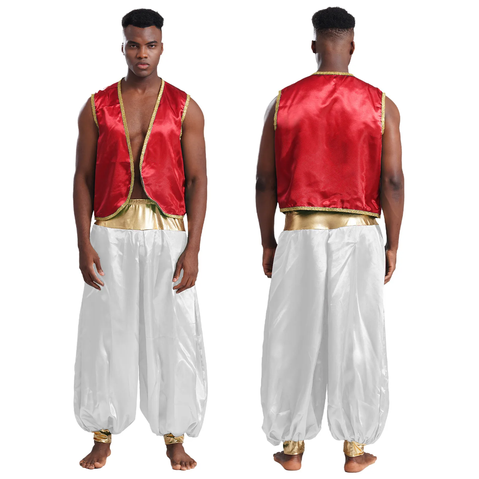 thumbnail image 1 of Disfraz de Príncipe árabe indio para hombre, chaleco antimanchas, chaleco curvo con ribete dorado brillante, frente abierto, pantalones largos con farol, 1 of 5