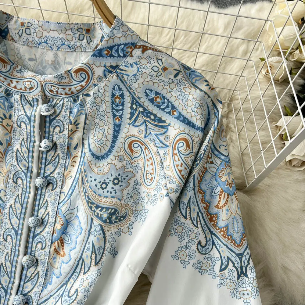 Nuevo vestido de fiesta vintage para mujer, moda de manga larga, botonadura sencilla, cuello alto, elegante, estampado, vestidos largos, primavera y otoño.