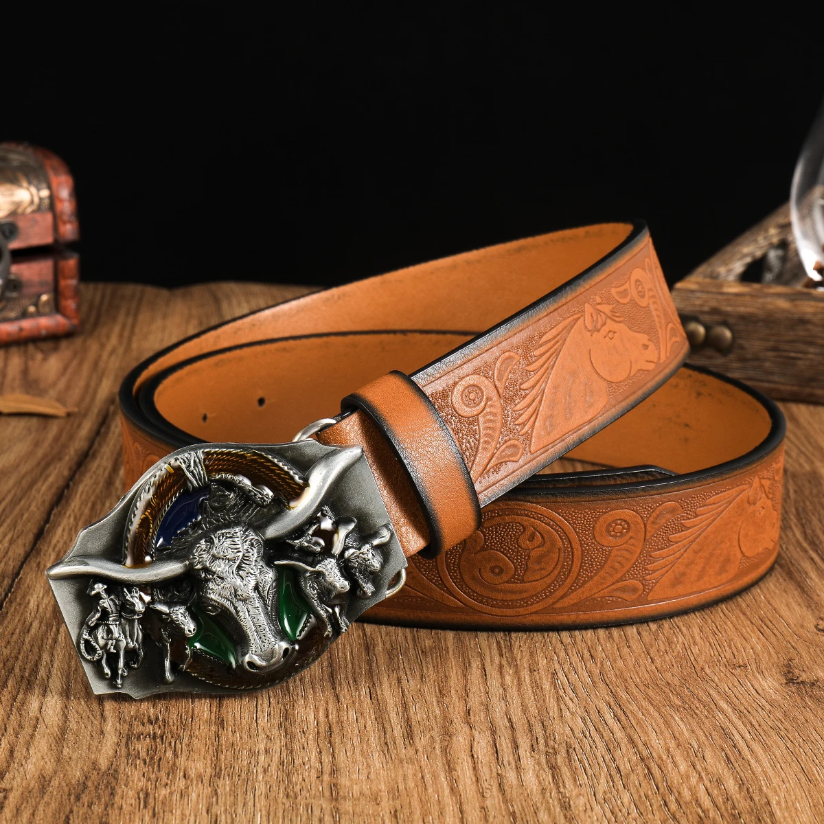 Black Head Big bull head 3.7cm wide men's and women's Western bull head denim style bull scalprendy belt smooth buckle