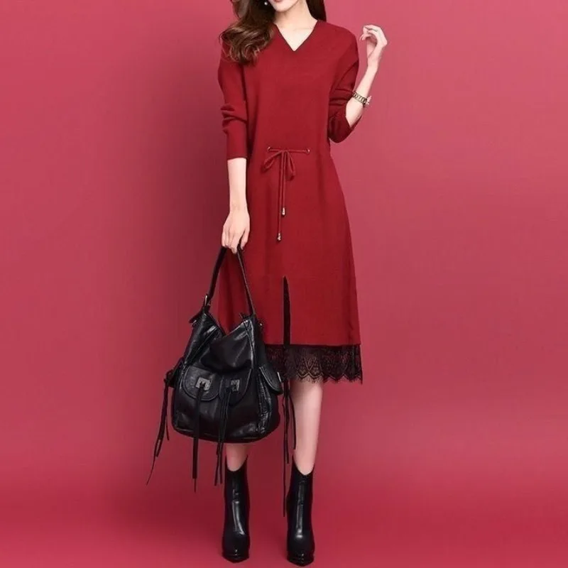 

Women's Autumn Winter Pullover V-Neck Solid Screw Thread Drawstring Lace Patchwork Long Sleeve Sweater Knitted Casual Dress