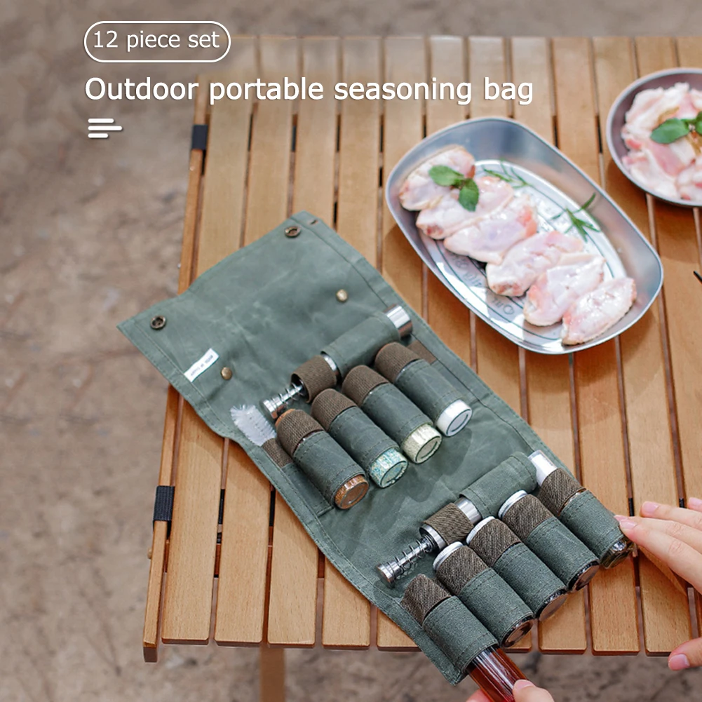 12pcs Spices Bottle Kit Reusable Portable BBQ Spice Bottle Condiment Jar Holder Storage Bag Travel BBQ Camping Supplies