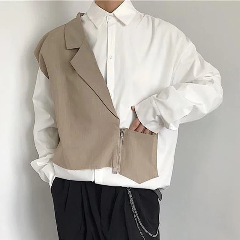 2023 Spring Autumn New Turn-down Collar Long Sleeve Button Shirt Man Fake Two Pieces Patchwork Zipper Contrast Color Y2K Tops