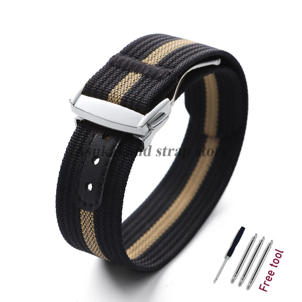 Black Nylon Watch Band with Folding Buckle – 20mm Military Sports Fabric Strap