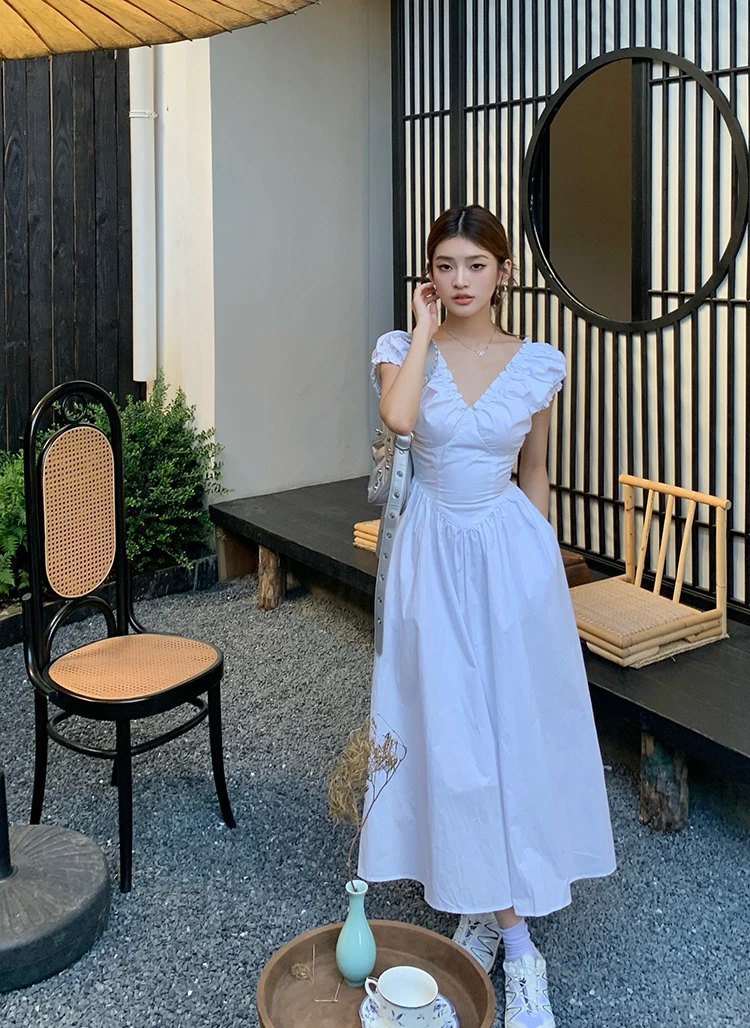 Casual Solid Midi Dresses for Women Korean Chic V-neck Backless High Waist Puff Sleeve A-line Party Dress Summer Vestidos Mujer