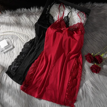 Women's Satin Sexy Nightgown Faux Silk Nightwear Spaghetti Straps Nighties Dress Solid V Neck Sleepwear Sleeveless Night Dress 4