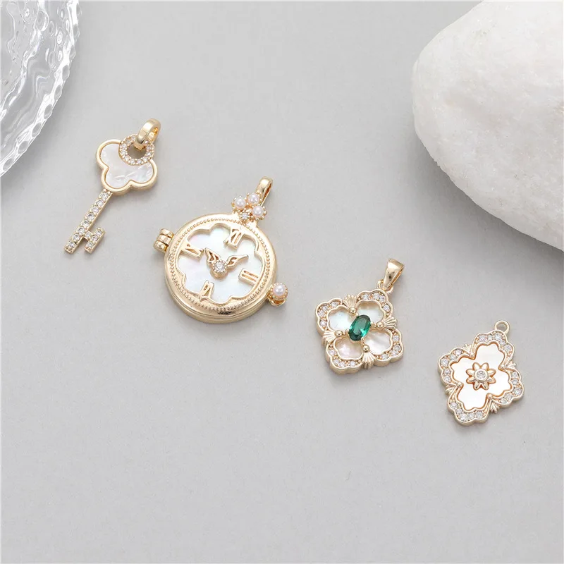 Stylish Chic Hypoallergenic Key Four-leaf Clover Clock 14K Gold Plated Bracelet Pendant Handmade DIY Jewelry Accessories 1