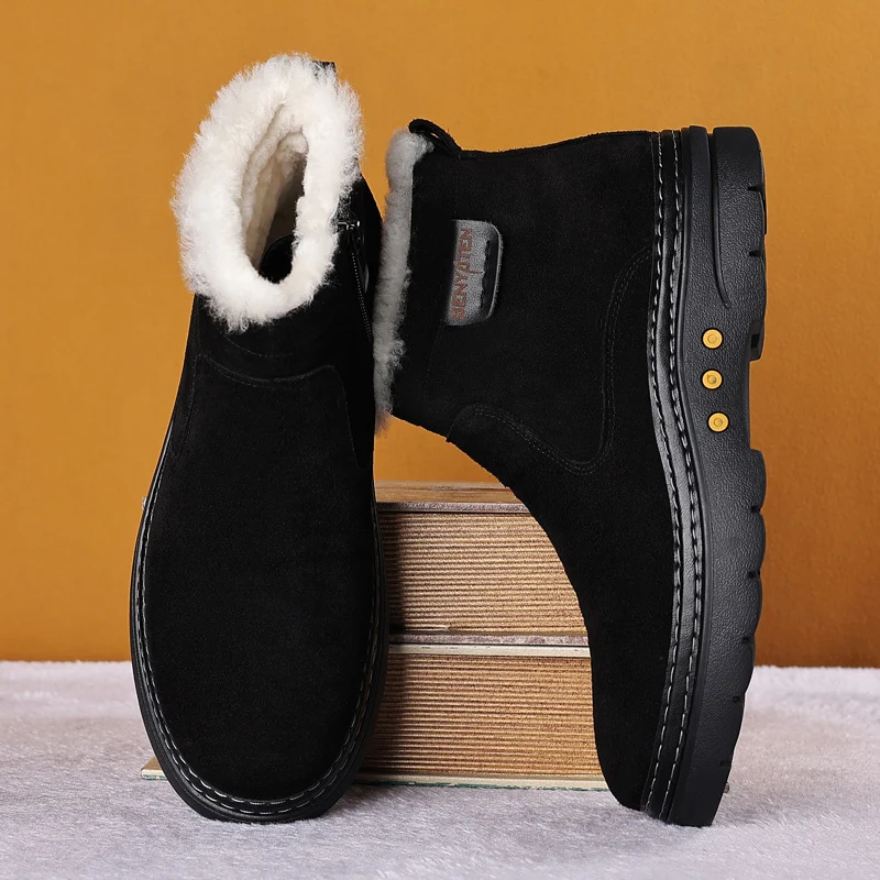Men Boots Warm Fur Snow Boots Suede Leather Furry Ankle Boots Male Plush Shoes Outdoor Shoes Men Winter Plush Snow Boots Home