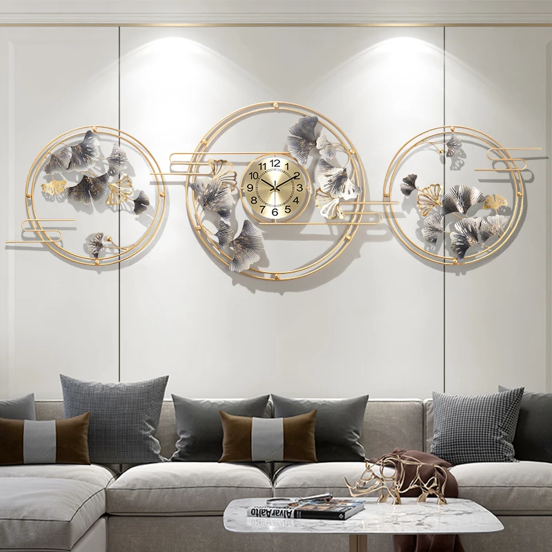

Nordic Ring Ginkgo Leaf Wrought Iron Wall Clock Home Livingroom Background Wall Mural Decoration Hotel Club Wall Sticker Crafts