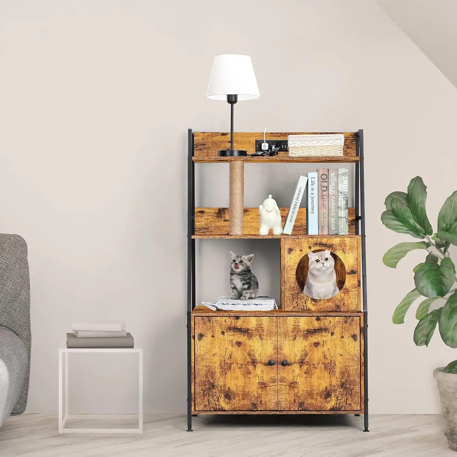 Cat Litter Box Enclosure with 2 Storage Shelves Enclosure Furniture with Charging Station Cat Washroom Cat Tree Tower