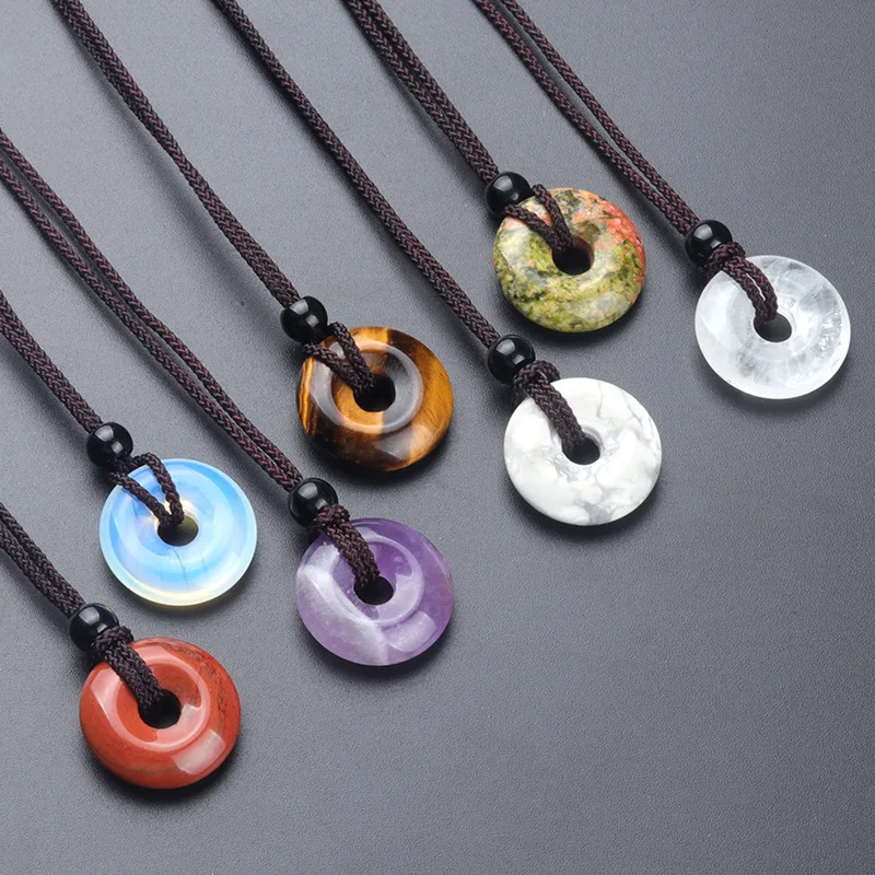 Natural Agate Stone 20mm Circle Donut Pendant Crystals Necklace Amulet Lucky Charm Healing Crystals