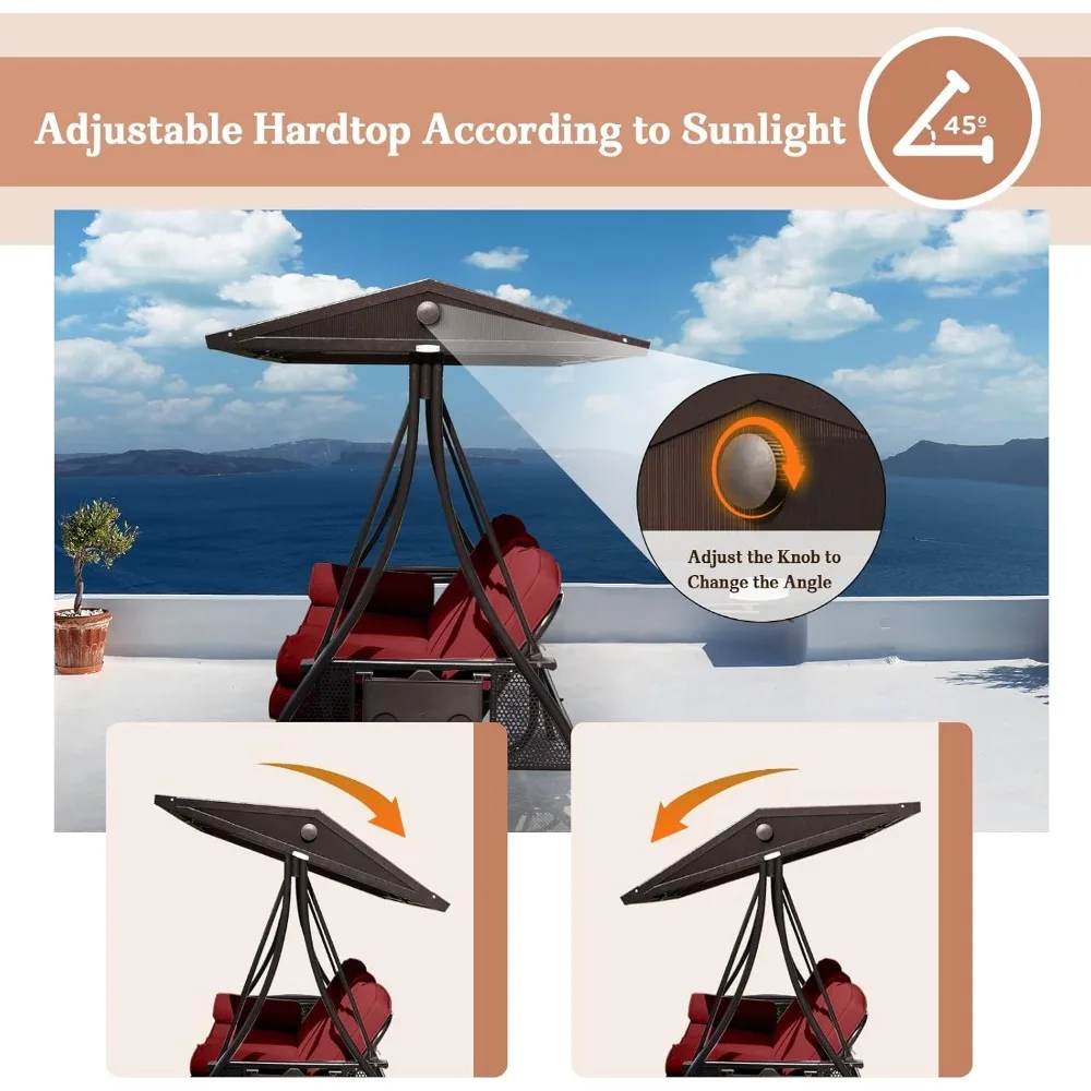 Outdoor Porch Swing with Polycarbonate Hardtop, 3 Seat Patio Swing with Convertible Backrest, 2 Side Cup Holder, Cushion 3