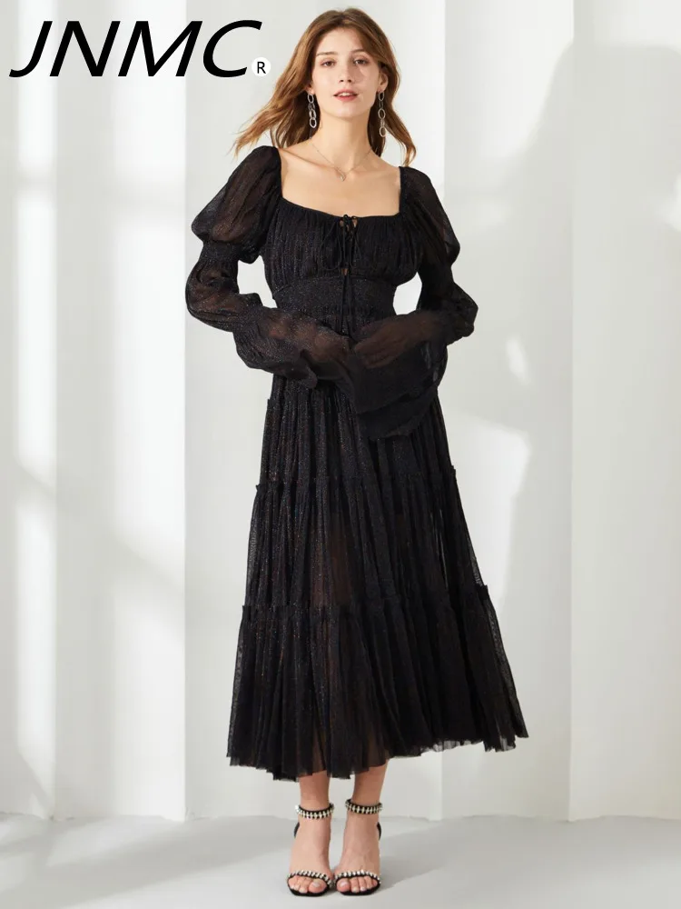 

JNMC 2024 Women's French Dress Dress Elegance Threaded Fairy Dress Solid Color Sequin Square Collar Pendant Dress A-line Skirt