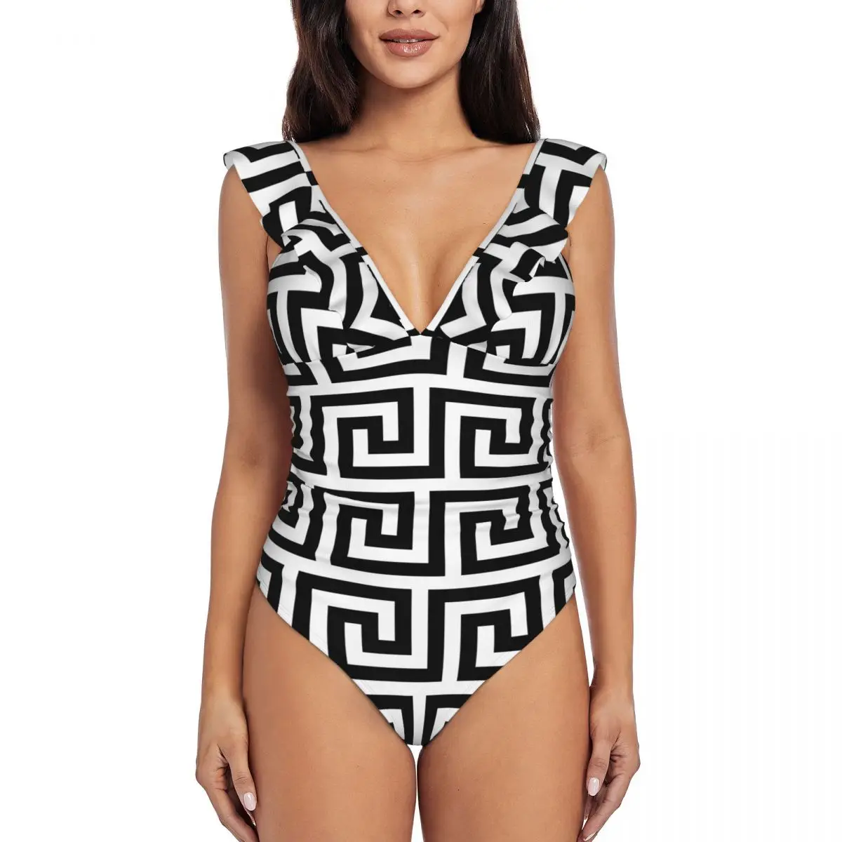 

Новое поступление, идентичные наборы, греческий ключ, античный мотив, одежда для плавания, купальник с V-образным вырезом, сексуальные купальные костюмы