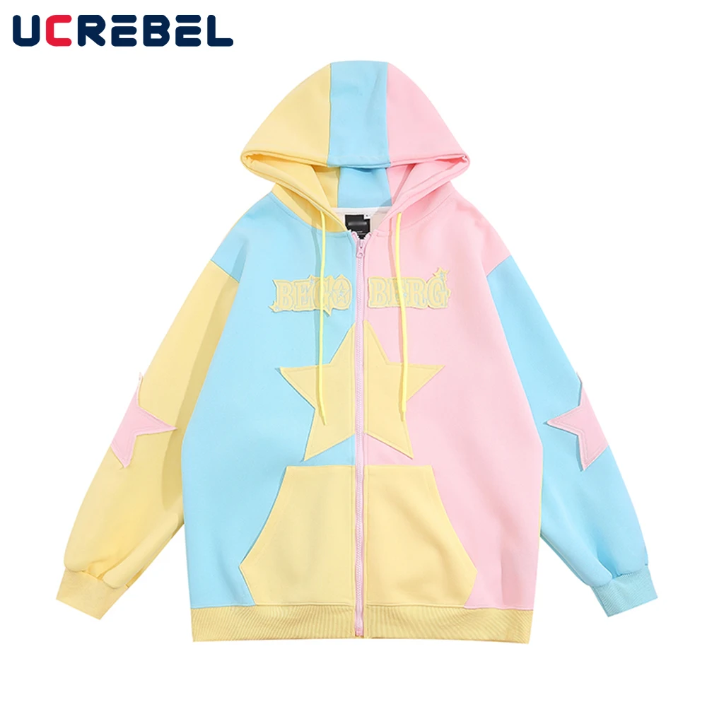 

Contrast Paneled Autumn Thin Sweatshirts Mens Vibe Style Patch Embroidery Loose Zipper Hooded Outerwear Men